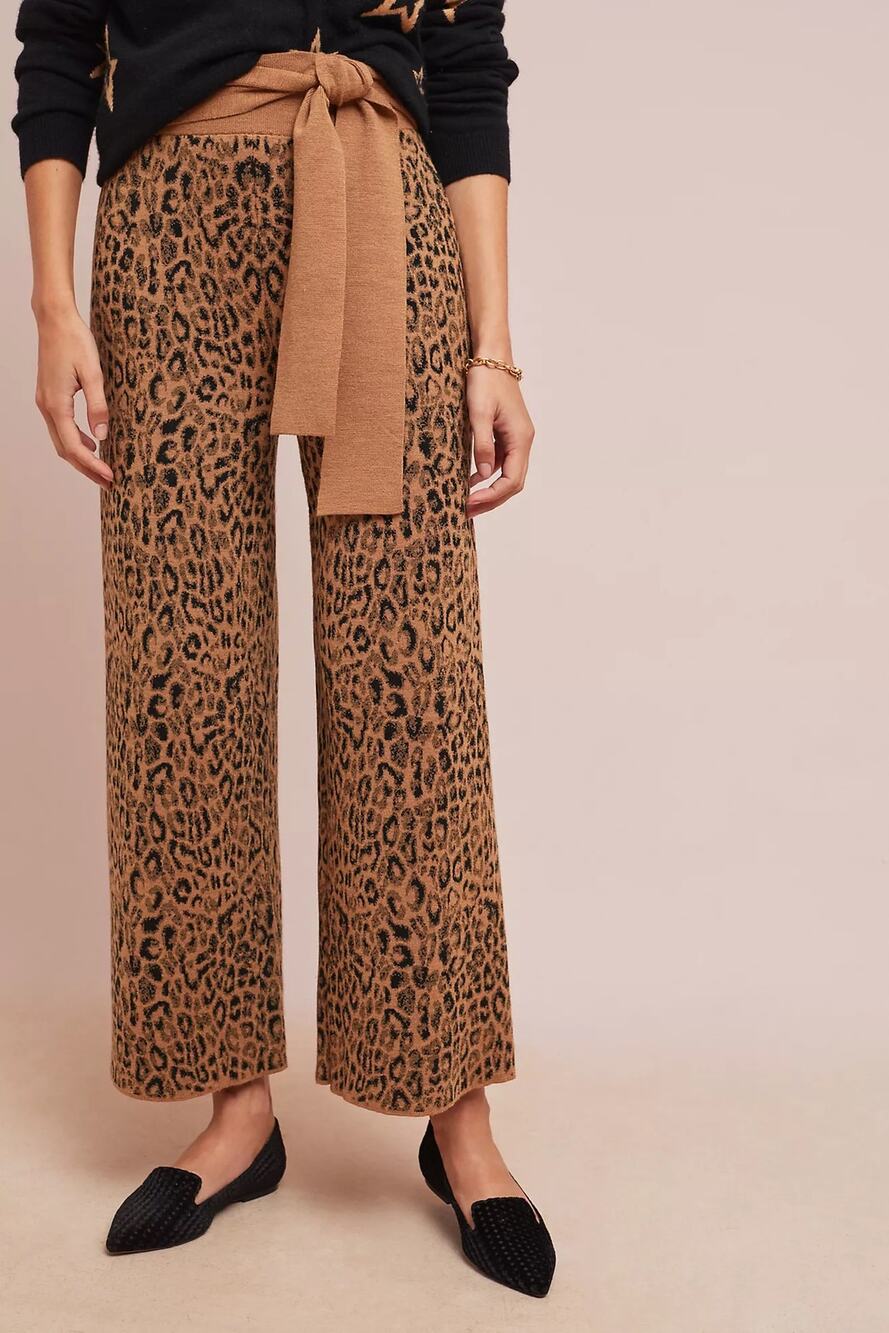 Anthropologie MOTH Leopard Wool Sweater Pants S Wide Leg Tie Waist Animal Print